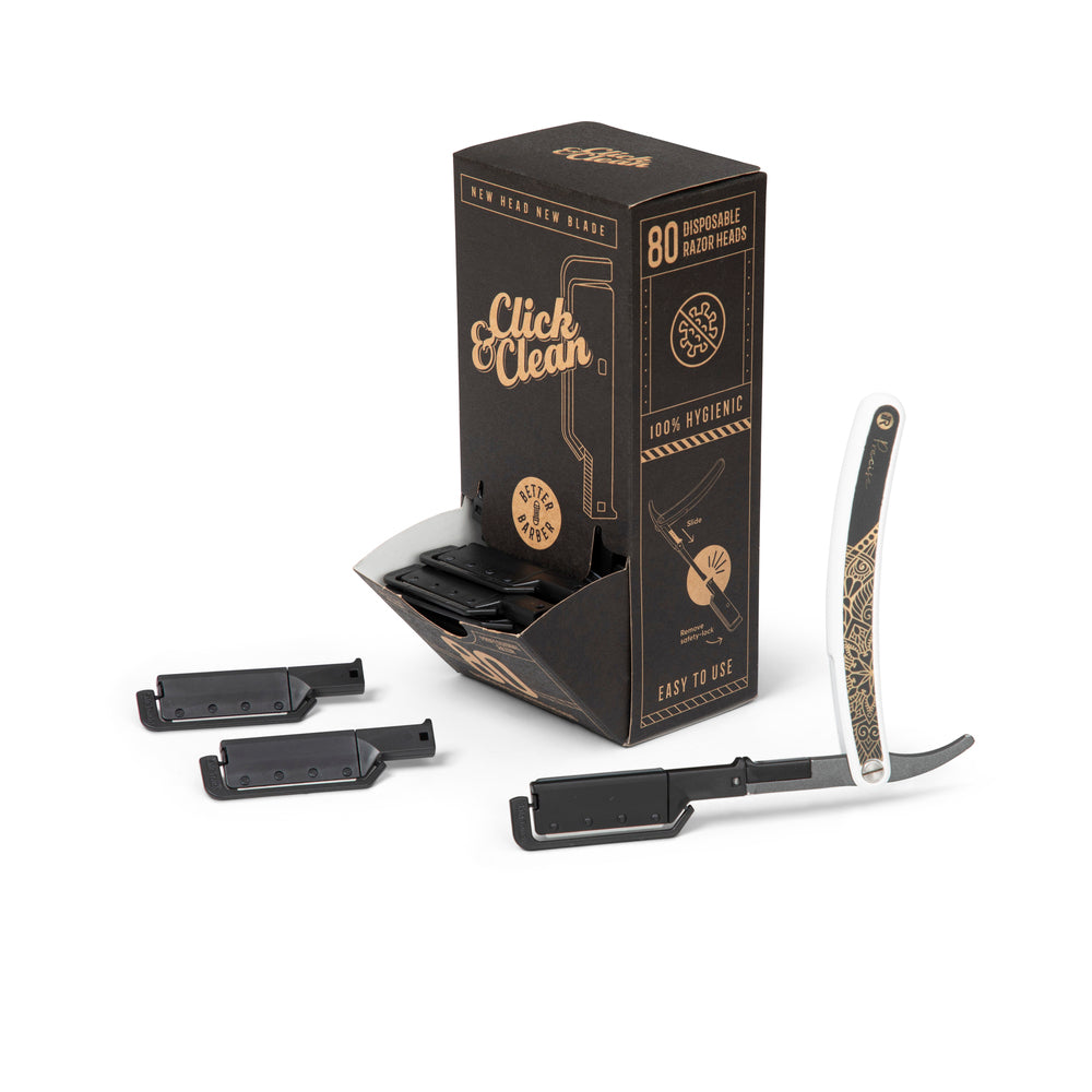 BETTER BARBER CLICK & CLEAN RAZOR HANDLE W/80 HEADS