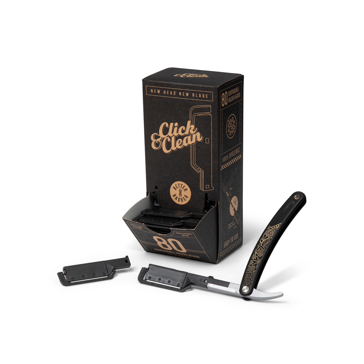 BETTER BARBER CLICK & CLEAN RAZOR HANDLE W/80 HEADS